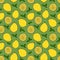 Lemon and a round slice on green striped Seamless pattern. Vector hand drawn illustration. Surface yellow color