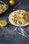 Lemon shrimp pasta on plate