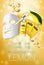 Lemon skin care mask ads. Vector Illustration with lemon whitening mask and packaging.