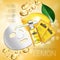 Lemon skin care mask ads. Vector Illustration with lemon whitening mask and packaging.