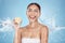 Lemon, skincare and woman in water splash for beauty, cosmetics and cleaning advertising of vegan product in studio