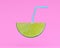 Lemon slice, juice with Straw on pastel pink background. minimal