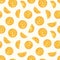 Lemon slices hand drawn vector seamless pattern. Delicious orange pieces texture. Fresh sour citrus fruit decorative