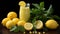 Lemon smoothie. Fresh lemon smoothie in glass with lemons on black background. Horizontal banner poster. Food Photo AI generated