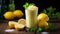 Lemon smoothie. Healthy fresh lemon smoothie in glass with lemons on dark background. Horizontal banner poster. Food Photo AI