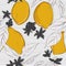 Lemon on striped white black contrast background. Vector hand-drawn fruit pattern with flowers and leaves. Organic botanical