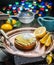 Lemon tart. Cooking of lemon dessert. Blurred festive background