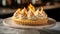 lemon tart with meringue peaks, flames caramelizing the top, on a classic marble countertop