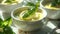 Lemon tart Posset with basil leaves, citrus and herb. Close-up, bokeh on the background. AI