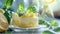 Lemon tart Posset with basil leaves, citrus and herb. Close-up, bokeh on the background. AI