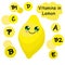 Lemon. Vitamin content in fruits. Character with eyes and a smile. Healthy food. stickers for kids