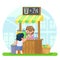 Lemonade booth with happy little cute girl selling young boy first business Vector colorful illustration in flat style image