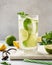 Lemonade drink of soda water with lemon, lime and fresh mint