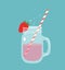 Lemonade jar with red strawberry illustration. Cute drawing of fresh summer drink with a straw