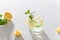 Lemonade with lemon, mint and ice cubes in glass on white stone background. Cold summer refreshing drink or beverage. Summer Menu