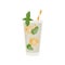 Lemonade Mocktail in a glass with straw garnished with mint and lemon. Classic nonalcoholic beverage. Modern Summer