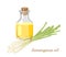 Lemongrass essential oil in glass bottle and bunch of aromatic herbs