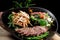 Lemongrass grilled beef steak with snow peas