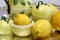 Lemons in antique lemon shaped porcelain dose tea serving still life