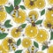 Lemons, bees and leaves, decorative hand drawn background. Colorful seamless pattern with citrus fruits and flying insects