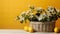 lemons and flowers harmoniously arranged in a rustic basket against a serene minimal background.