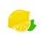 Lemons, four views. Fresh natural lemons, whole, half, slice, wedge.