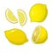 Lemons, four views. Fresh, natural: whole, half, slice, wedge.