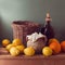 Lemons and oranges on wooden table. Vintage still life composition