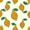 Lemons seamless pattern on beige background with aged scratched paper effect. Cute doodle hand drawn citrus fruits.