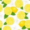 Lemons seamless pattern on white background. Yellow citruses with green leaves and white flowers