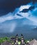 Lempuyang temple and Agung mount in stormy dark clouds, Bali