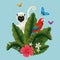 lemur with parrot and butterflies with exotic flowers