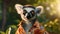 A lemur wearing a Hawaiian shirt, captured in a tropical jungle with warm.