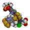 Lenacapavir antiviral drug molecule. 3D rendering. Atoms are represented as spheres with conventional color coding: hydrogen