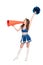 Length view of cheerleader girl in blue uniform with pompom using orange megaphone isolated on white