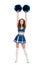 Length view of sexy happy cheerleader girl in blue uniform dancing with pompoms isolated on white