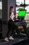 Length young woman indoors treadmill profile full running sport, for workout attractive in body and machine recreation