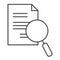 Lens and paper list thin line icon. Search, magnifying on document symbol, outline style pictogram on white background