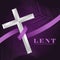 Lent, 40 days of renewal with purple ribbon roll around silver cross crucifix sign on dark purple plam leaf texture background