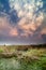 Lenticular clouds over bog at sunset