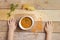 Lentil cream soup, flat lay and ginger with parsley