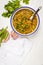 Lentil curry, Indian cuisine, tarka dal, white background, top v