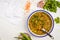 Lentil curry, Indian cuisine, tarka dal, white background, top v
