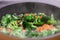 Lentil pasta with broccoli defocus foreground.