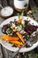 Lentils Salad with roasted Carrots, Beetroots, Grilled Hazelnuts and Feta Cheese Sauce