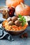 Lentils with vegetables, pumpkin and lamb meatballs