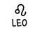 Leo. Handwritten name and icon of sign of zodiac. Modern marker. Black vector text isolated on white background.