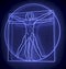 Leonardo Da Vinci\'s Vitruvian Man in a Blue Neon Tube, Quadratus, 3d rendering on black background