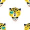 Leopard girl rock star animal seamless pattern. Hand drawn colorful doodle cartoon character in rock accessories. Ideal