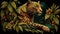 Leopard hiding in the tropical forest. Portrait of a wild predatory cat in the rainforest. Horizontal illustration.